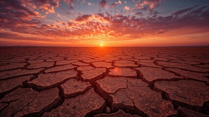 Golden sunset over barren, fissured land, symbolizing environmental degradation and climate effects.