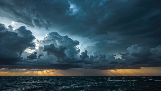 Intense tempestuous clouds looming above the ocean, nature photography backdrop