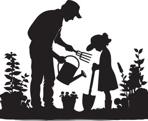 Silhouette of father and daughter gardening vector in white background	
