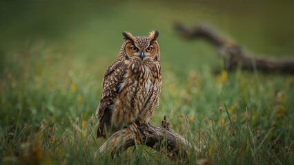 Fototapeta premium Gray owl standing amidst fresh green grass with a blurred background.