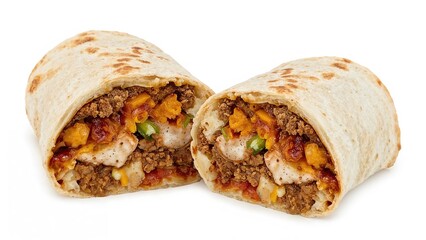 Isolated close-up of a burrito sliced open showing chicken, bacon, ground beef, and vegetable filling on white.