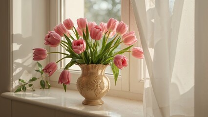 Glass vase filled with pink tulips placed on the windowsill