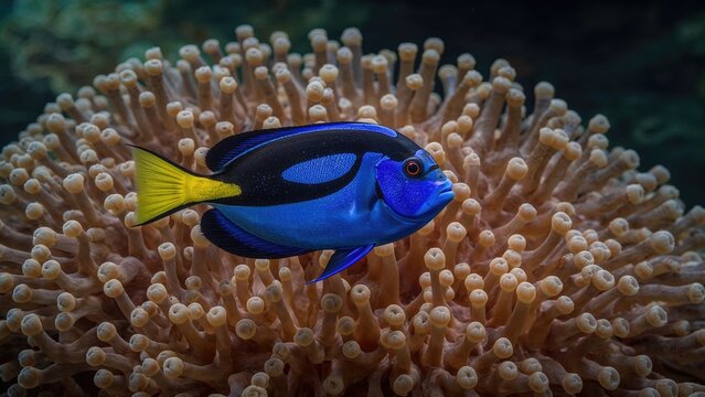 Paracanthurus hepatus, the blue surgeonfish, close to a sea anemone