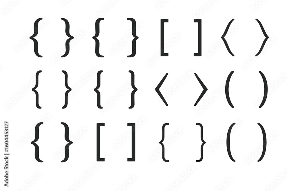 Poster brackets vector elements for design and programming. set of parentheses, curly braces, and angle bra
