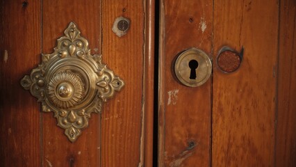 Fototapeta premium Wooden door equipped with a brass handle and lock