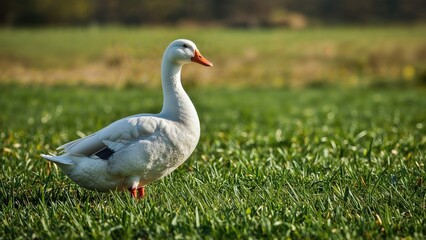 White duck resting on vibrant grass