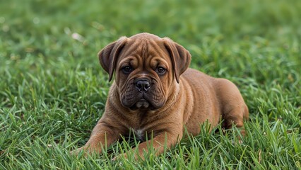 big muscular dog resting on grass