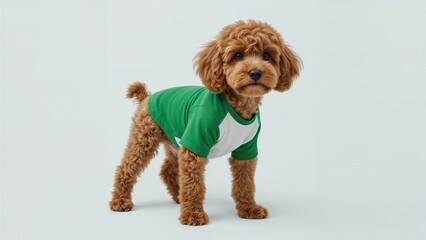 Brown Poodle Dog Modeling Green and White Raglan Shirt Mockup