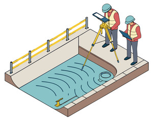 Naklejka premium Securely lined wastewater pond using HDPE geomembrane, preventing chemical seepage into soil, shown in isometric vector format.