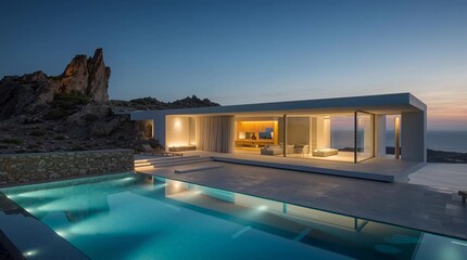 Wide shot of a stunning minimalist modernist villa, a luxury home perched on a cliff overlooking the ocean at sunset