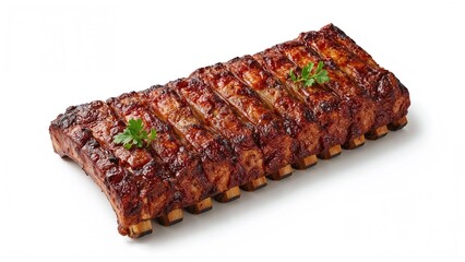 Plate of barbecued pork ribs on a white backdrop