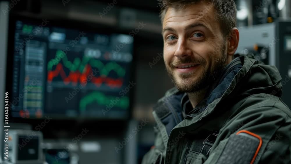 Poster smiling male analyst with technology interface displaying data trends in a modern workspace