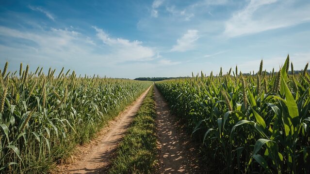 Farming landscape featuring a dirt road between barley and hop plants in the early summer period.