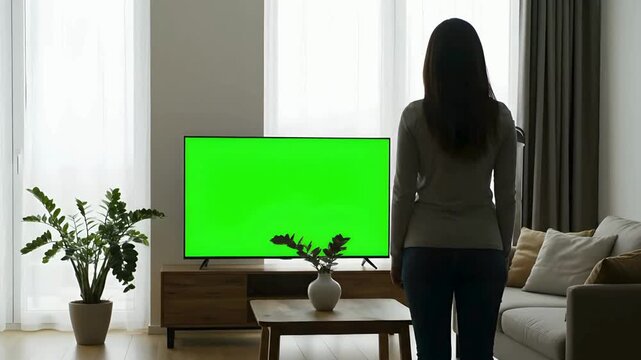 Modern Living Room TV with Green Screen Display in Daylight