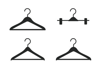 Clothes hanger silhouette icon set, black garment, suit, coat, clip trouser hangers, wardrobe storage, laundry accessory, retail fashion shop boutique display, blank transparent background vector