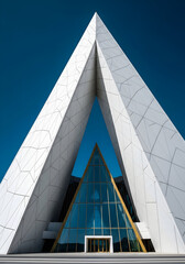 Stunning triangular architecture: A modern building with a striking geometric design against a clear blue sky.