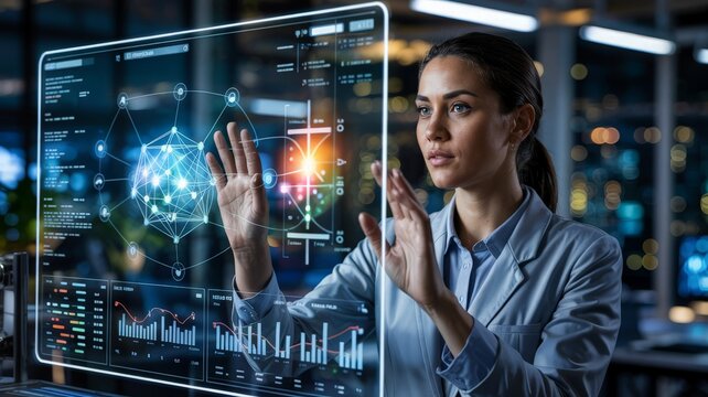 Female data scientist analyzing a neural network on a futuristic holographic interface - Powered by Adobe