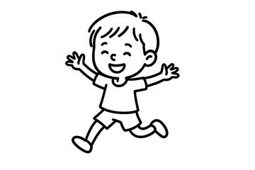 Happy energetic boy running and jumping with open arms, joyful child silhouette in black line art cartoon, playful childhood concept isolated on transparent background illustration