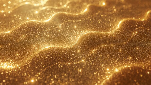 Futuristic golden sand featuring illuminated wave patterns made of pixels and dots, vibrant neon energy, and beams of sunlight. Background is undefined. - Powered by Adobe