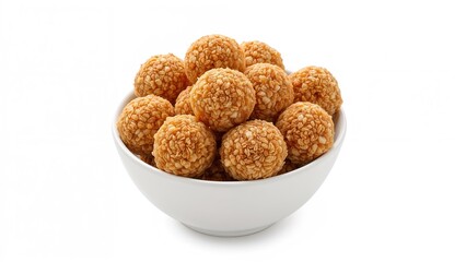 Flavorful puffed rice bites placed in a bowl with a plain white setting