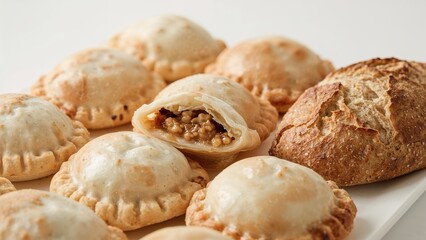 Savory chicken-filled pastries encased in golden, flaky puff pastry. Selective focus photograph.