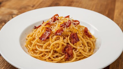 Hearty meal of pasta combined with fried bacon and cheese