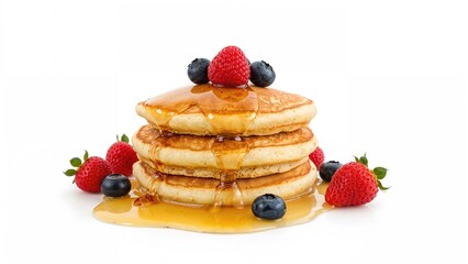 Fluffy pancakes garnished with berries and honey displayed on white