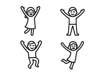 Fototapeta premium Happy people celebrating success joy stick figures line art minimalist design. Cheerful characters arms up victory celebration. Vector illustration transparent background
