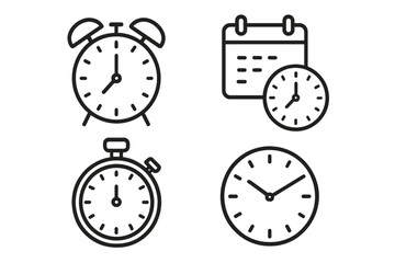 Time management icon collection. Vector line art of clock, alarm, stopwatch, and calendar schedule. Deadline, appointment, and timer symbols for business and web design.