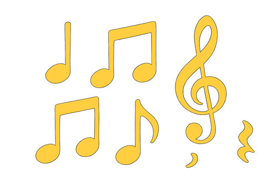 Golden musical notes and treble clef vector set isolated on transparent background, yellow melody symbols, eighth, quarter, beamed notes, rest icons, flat music notation collection