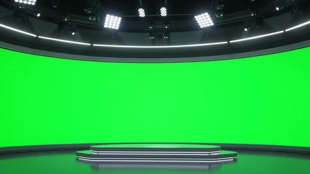  Futuristic Studio Stage with Curved Green Screen Wall and Spotlights
