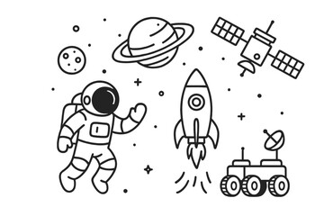 Outer space exploration concept doodle set with astronaut, rocket launch, ringed planet, satellite, lunar rover and stars. Line art vector on transparent background