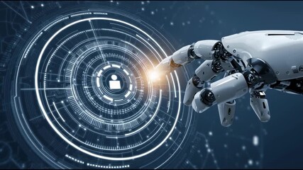 Robotic hand interaction with digital interface futuristic lab 3d animation high-tech environment close-up view ai concept - Powered by Adobe