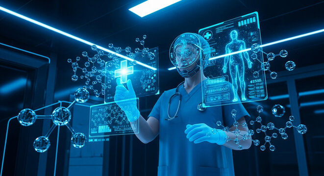 Futuristic doctor using digital interface for medical analysis. Healthcare innovation concept with advanced technology for diagnosis and treatment. Perfect for modern medicine imagery.