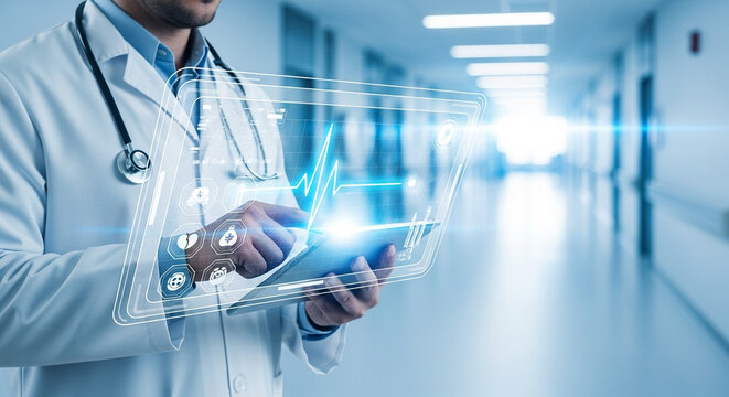 Doctor using futuristic technology for healthcare. Innovative medicine, advanced diagnostics and digital health concept.
