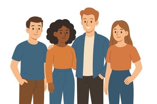 Diverse young adults smiling together, global colleagues promoting teamwork, inclusive workforce, corporate collaboration, office unity, friendship concept, vector illustration