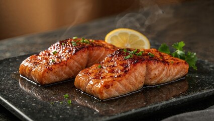 Succulent grilled salmon fillets with flames