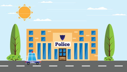 Police Station in the City with a Car Flat Style. Official buildings and law enforcement services vector art