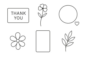 Minimalist floral and geometric icon set for scrapbooking, invitations, labels and stickers. Daisy, blossom, leaf branch, thank you badge, circle and rectangle shapes, vector illustration