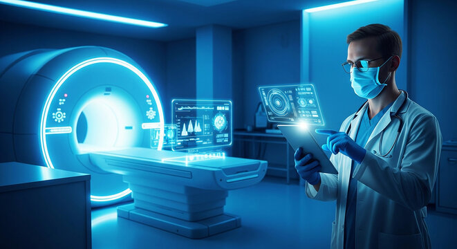 Futuristic healthcare scene featuring a doctor using a tablet with medical data near an MRI machine. Illustrates technology and innovation in medicine.