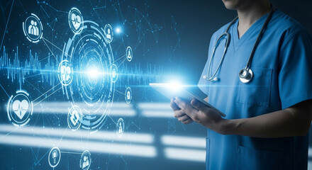 Doctor using digital technology for healthcare. Concept for telehealth, remote patient monitoring, and medical data analysis. Modern medicine and future health tech.