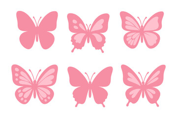 Glowing neon pink butterfly silhouettes collection – six insect icons with decorative wing patterns, spring nature design elements, transparent background vector illustration