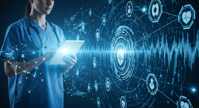 Healthcare professional using digital technology. Futuristic medical interface with patient data. Perfect for health tech, telemedicine concepts.