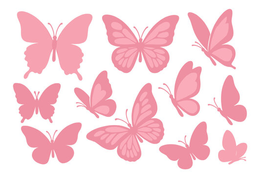 Pink butterfly silhouettes collection on dreamy blurred rose gradient background, delicate transparent vector pattern for feminine spring design, romantic nature fantasy decoration