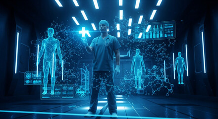 Futuristic medical concept featuring a doctor interacting with holographic displays and human figures. Illustrates advanced healthcare technology and innovation in medicine.
