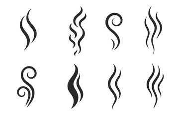 Abstract smoke swirl vector set – wispy steam stems, curling mist plumes and wavy vapor elements icons isolated on transparent background for decorative design, aroma concept