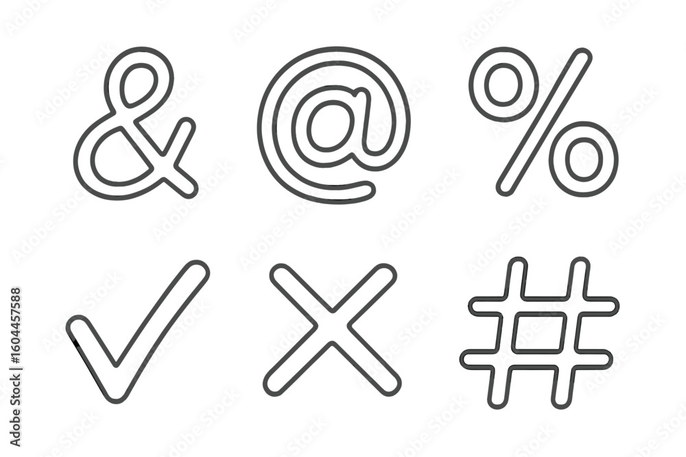 Poster vector outline symbols set ampersand at sign percentage checkmark cross hashtag icons. line style ty