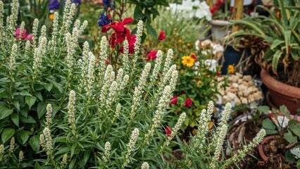 Intricate details of plants from a garden exhibit held in a mountainous colonial area, featuring isolated flowers and lush forest scenery.