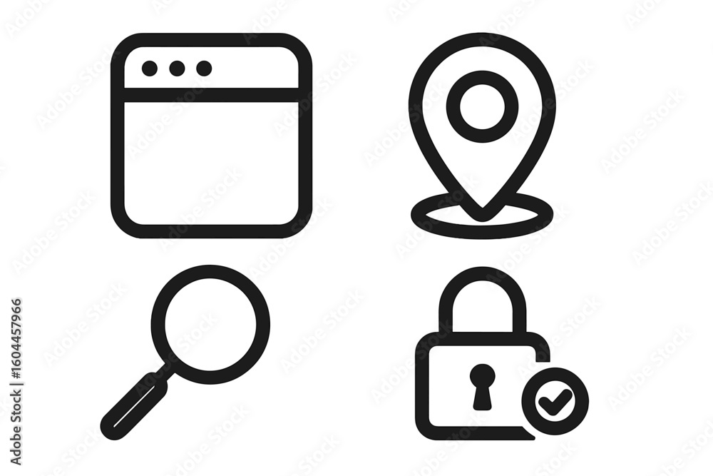 Poster web app interface icons set. location pin, search magnifying glass, browser window, security lock wi