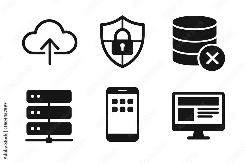 Aufkleber cloud computing upload, cybersecurity lock shield, database delete, server rack, smartphone app ui, 